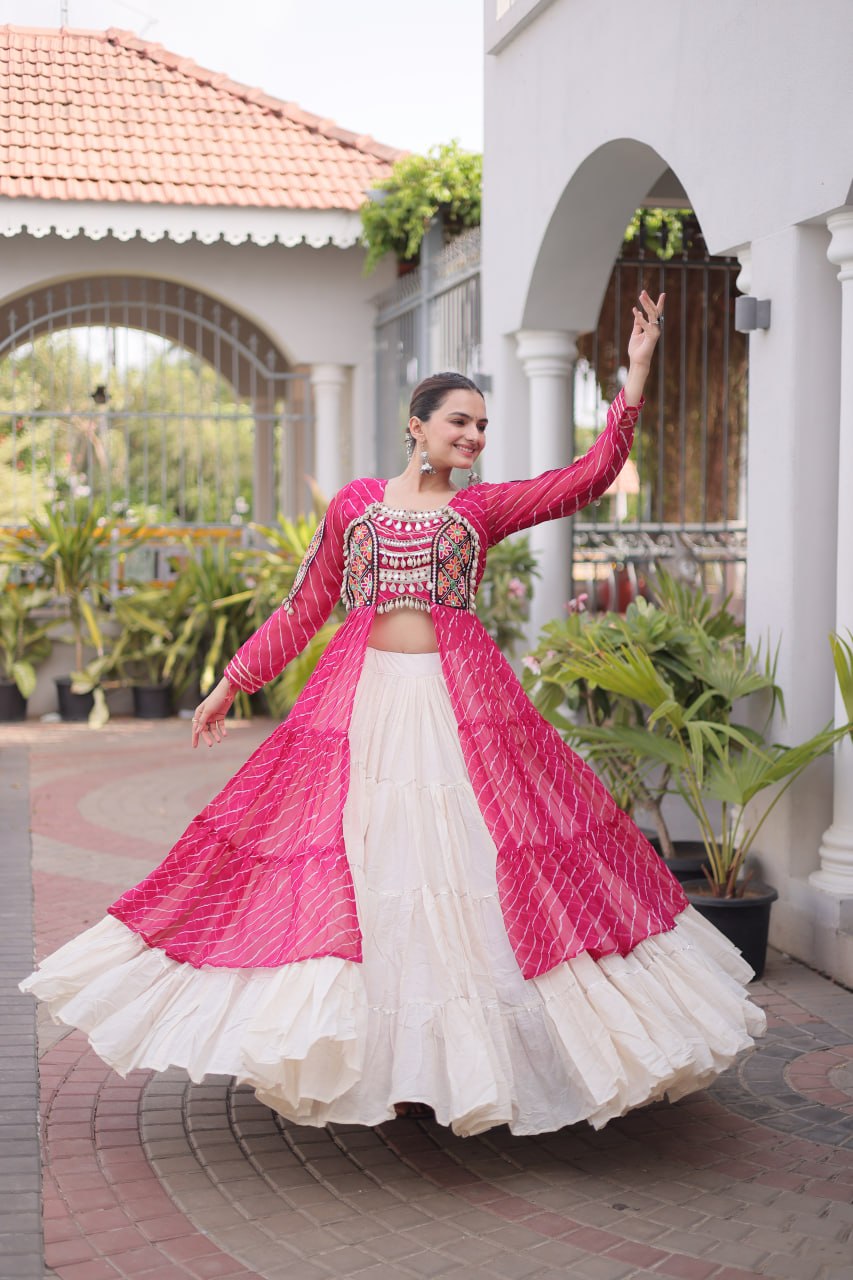 RangBhoomi Kora Cotton Lehenga & Faux Georgette Kurti Set - Full-Stitched, Frilled Lehenga, Laheriya Print Kurti