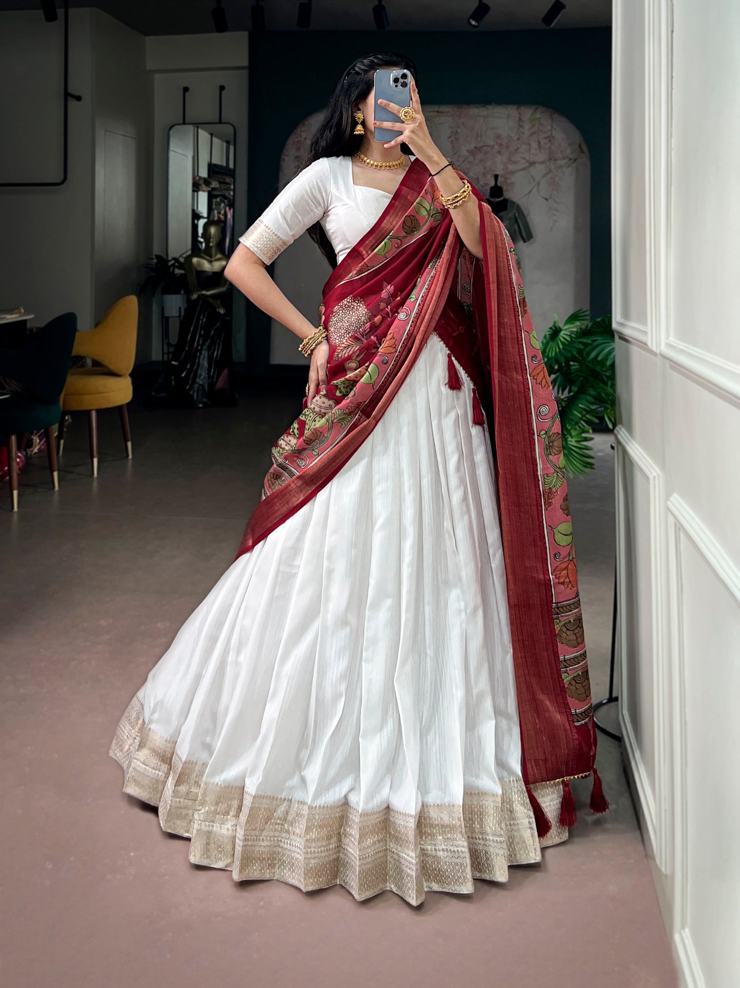 RangBhoomi White Poly Kanjivaram Lehenga with Kalamkari Tasar Dupatta