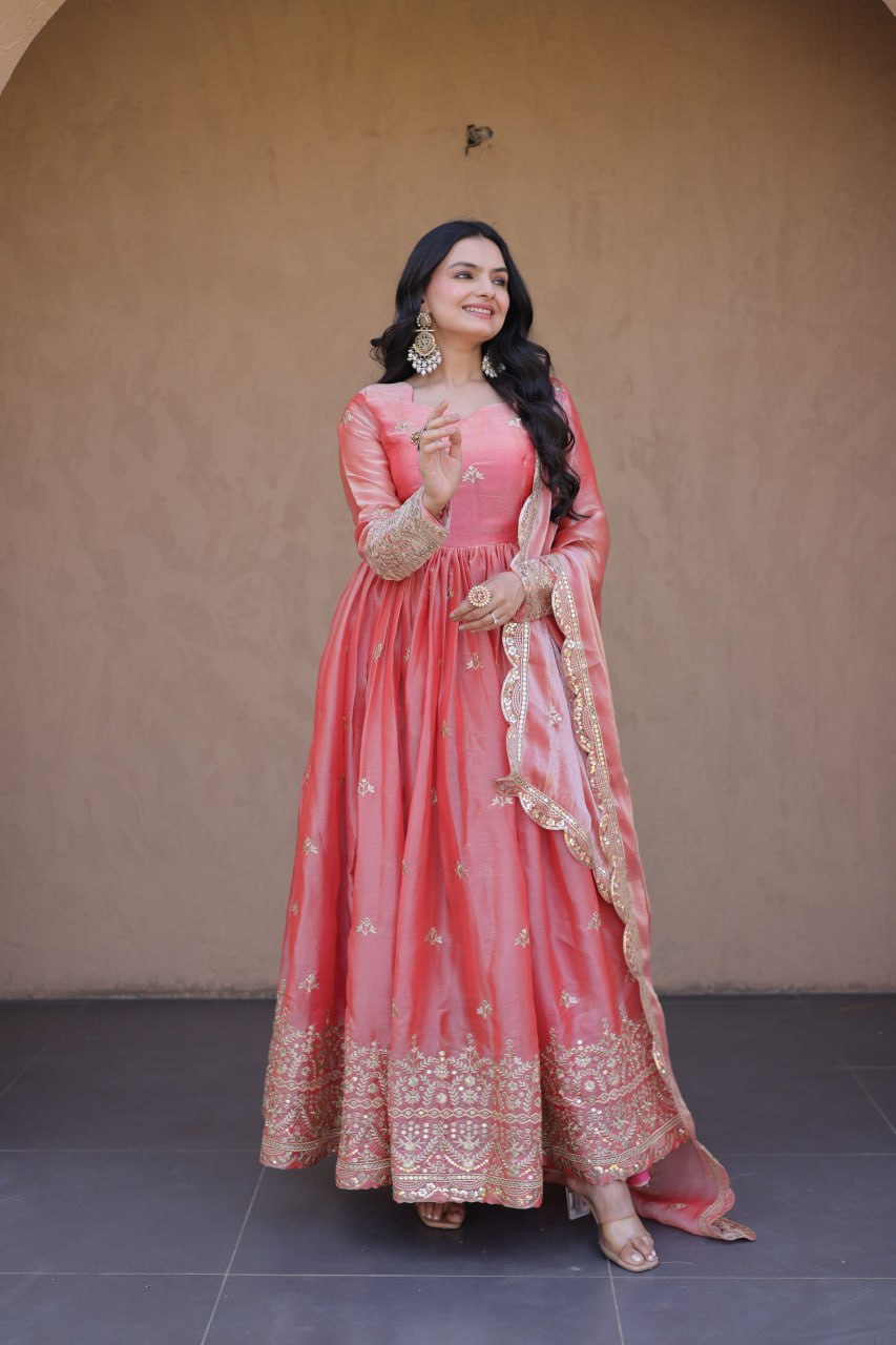RangBhoomi Fendi Silk Sequined Gown with Dupatta – Elegant Full-Sleeve Designer Set