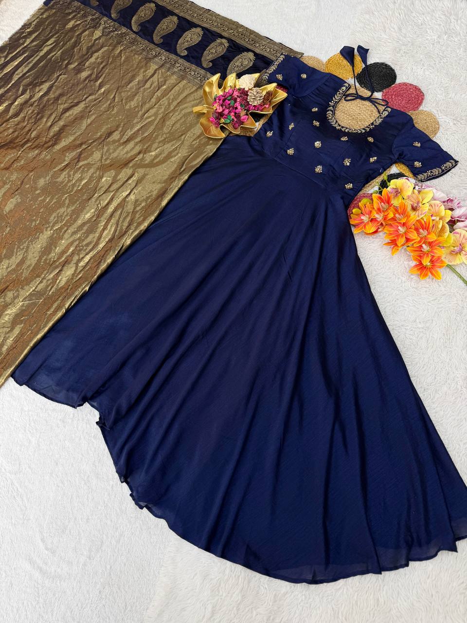 Beautiful Maggam Work Gown with Tissue Dupatta
