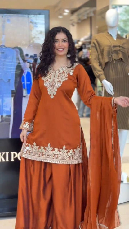 Elegant and Comfortable Wedding Season Suit Set with Sequined Embroidered Top, Palazzo Pants, and Lace-Trimmed Dupatta by RangBhoomi