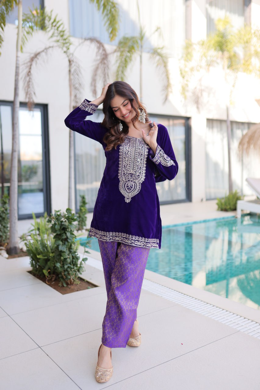 Ready-to-Wear Velvet Top and Pant Set with Embroidered Batwa from RangBhoomi Collection