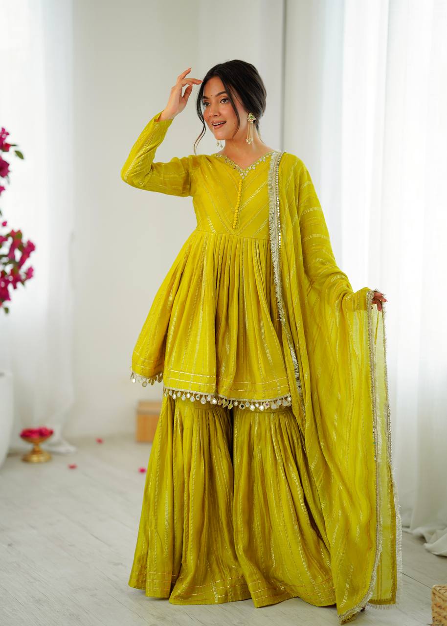 Elegant Women's Ethnic Ensemble with Real Mirror and Handwork – Ready-to-Wear Mal Chanderi Set with Sharara Palazzo and Mirror Lace Dupatta