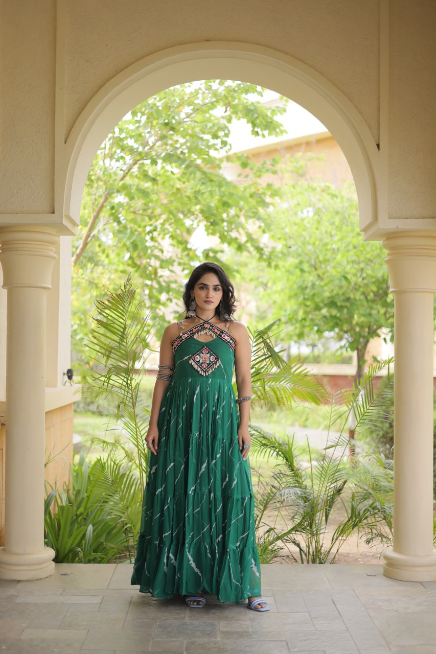 RangBhoomi Navratri Laheriya Patchwork Faux Georgette Gown - Sleeveless 56" Length, L (Adjustable 38-44)