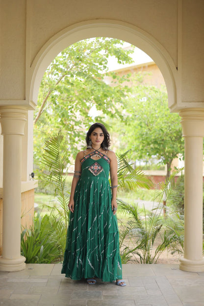 RangBhoomi Navratri Laheriya Patchwork Faux Georgette Gown - Sleeveless 56" Length, L (Adjustable 38-44)