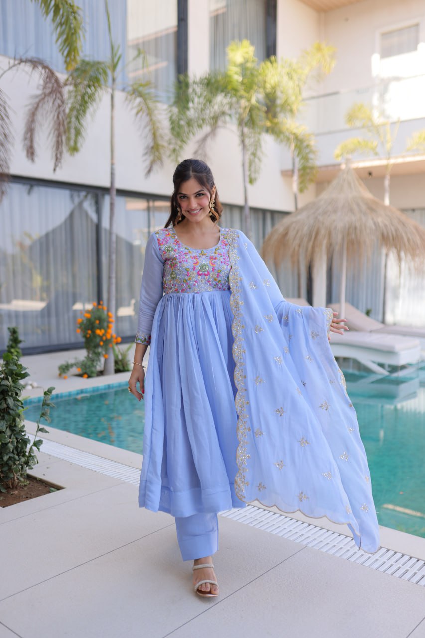 Elegant Premium Ready-to-Wear Gown Set with Pants and Dupatta - Beaded Mal Chanderi Embroidery