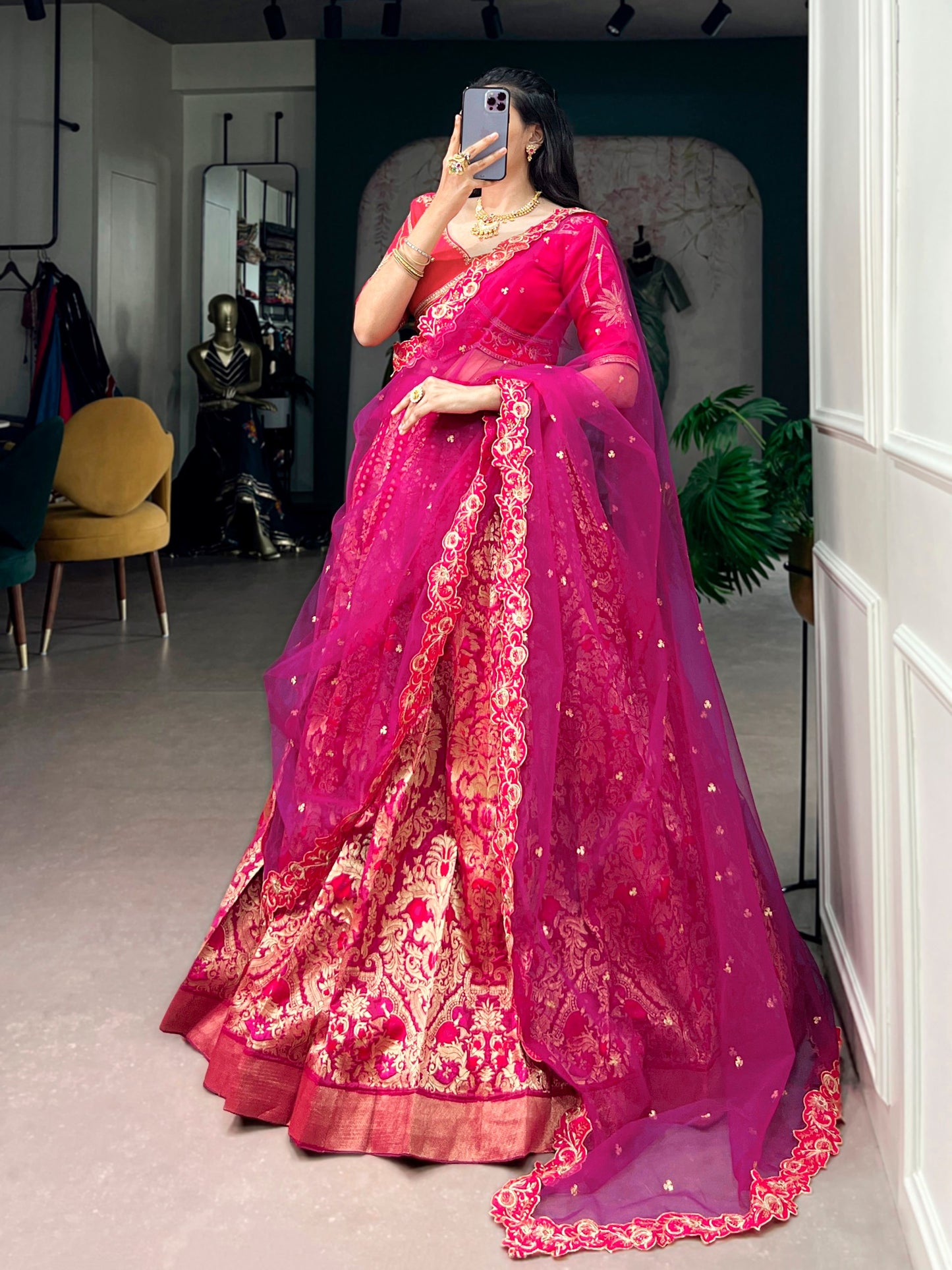RangBhoomi Jacquard Silk Lehenga — Festive Embroidered Set with Net Dupatta