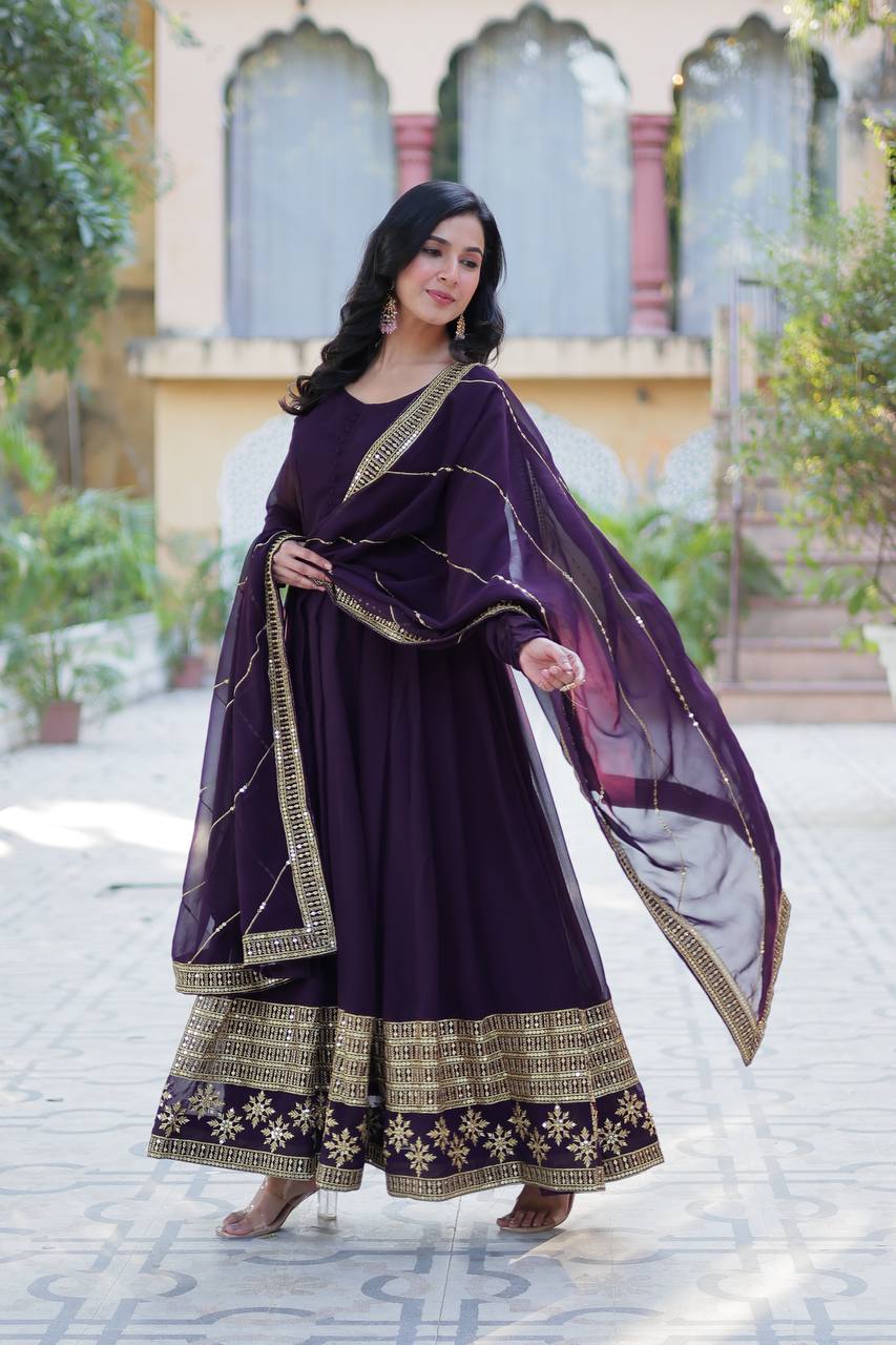 Embroidered Faux Blooming Gown with Dupatta
