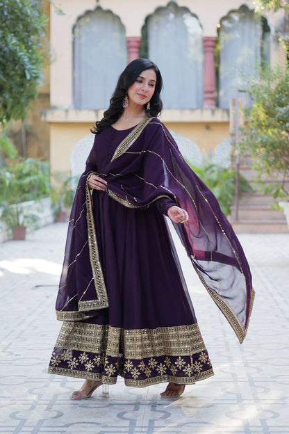 Embroidered Faux Blooming Gown with Dupatta