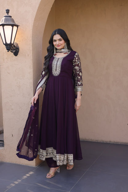 RangBhoomi Premium Readymade Gown Set with Pant & Dupatta - Faux Blooming Embroidered