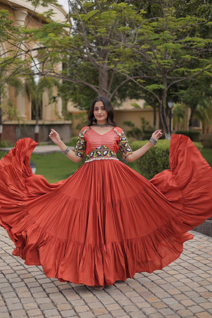 RangBhoomi Navratri Gown 2026 — Rust & Black Embroidered Multi-Tiered Festive Gown