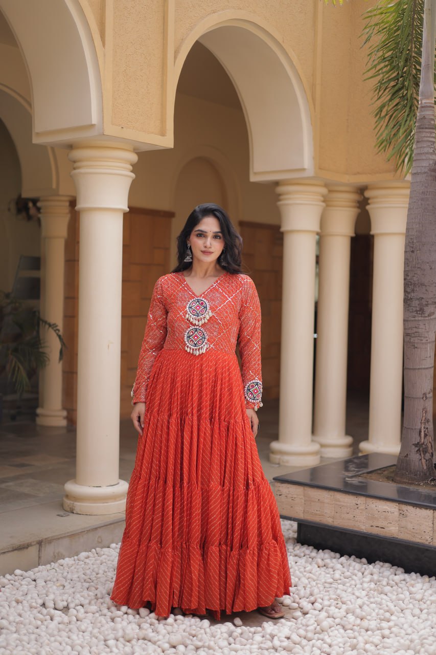 RangBhoomi Navratri Gown 2026 – Laheriya Print with Kutchi Patchwork, Faux Georgette Lined Cotton, Full Sleeve, 56 Inch Length