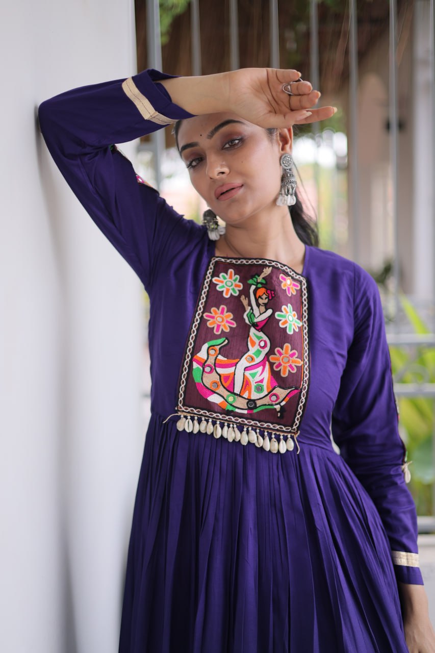 RangBhoomi Navratri Gown Collection 2026 — 14KG Rayon Kutchi Gamthi Thread Work, 12m Flair
