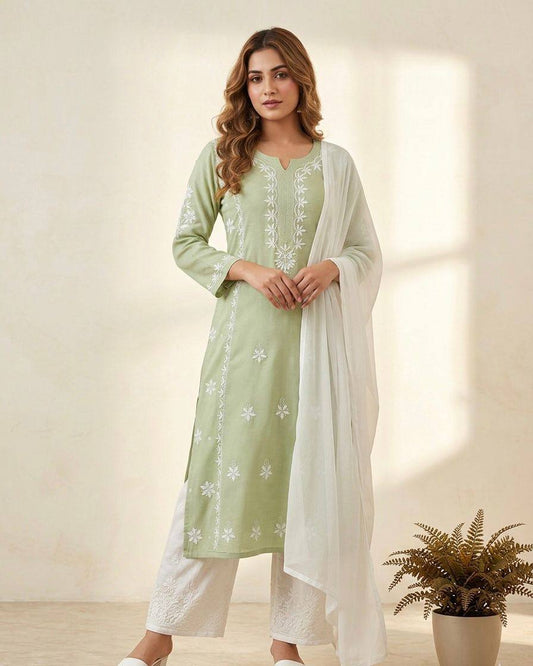 Elegant Summer Designer Chikankari Embroidered Rayon Top with Palazzo and Plain Georgette Dupatta Set