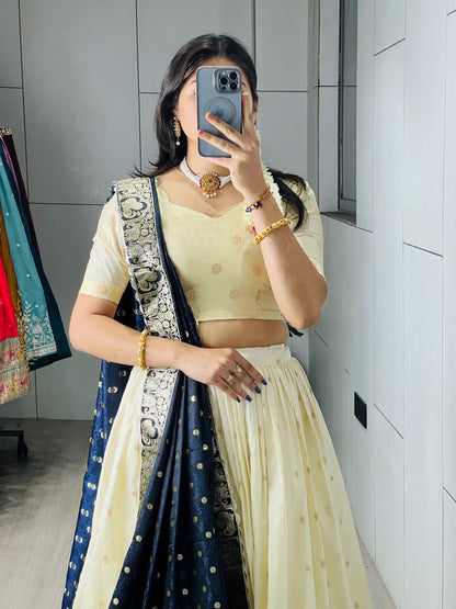 Exquisite Paithani Silk Lehenga Choli with Iconic Gold Zari Border and Satin Silk Dupatta