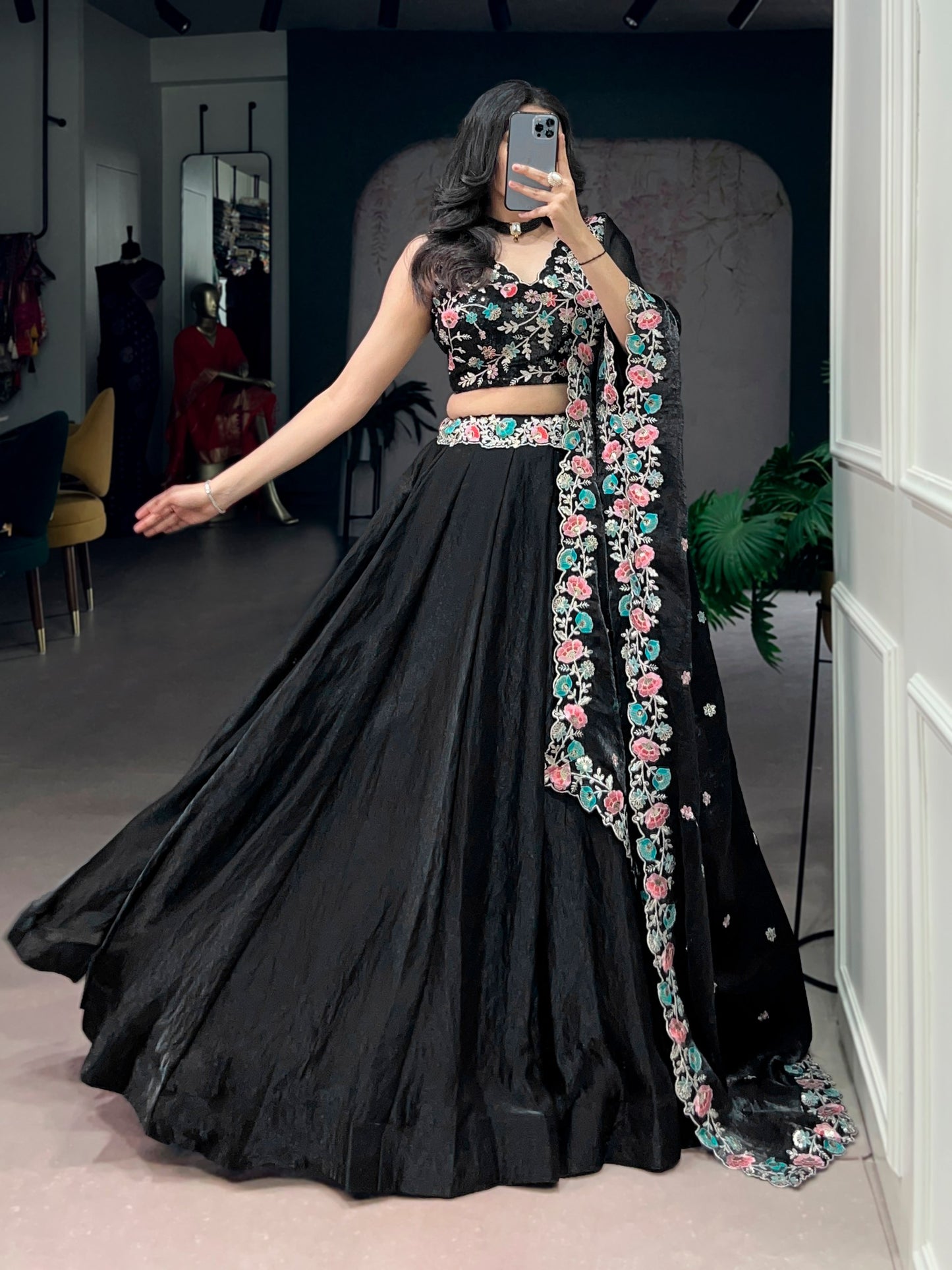 Elegant Black Lehenga Choli Set with Fendi Fabric, Sequins and Thread Embroidery