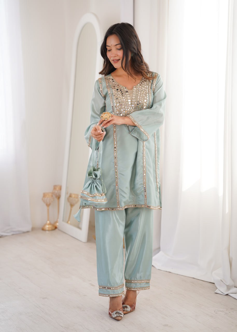 Ready-to-Wear Kurti and Pant Set with Decorative Drawstring Bag - Mirror Embroidered Collection 2026