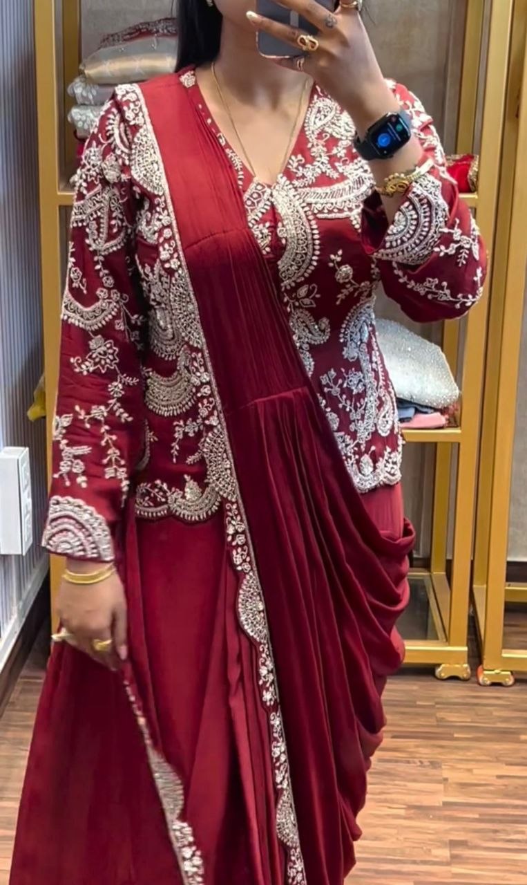Elegant Ready-to-Wear Saree with Full Embroidered Sequined Jacket in Luxurious Heavy Chinon Fabric