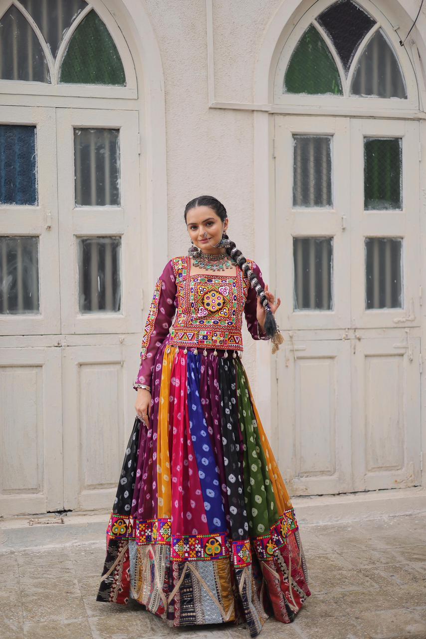 Navratri Festival Full-Stitched Georgette Lehenga Choli with Vintage and Kutchi Gamthi Embellishments