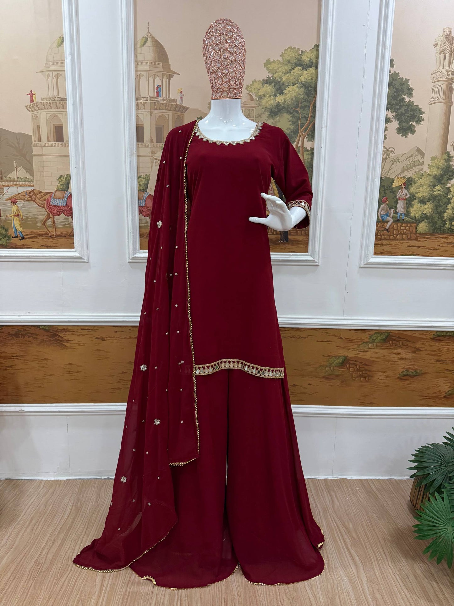 RangBhoomi Heavy Embroidered 3-Piece Suit Set with Real Mirror Work and Elegant Lace Border