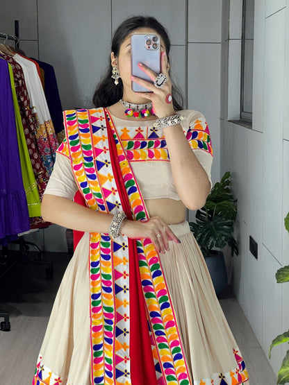 Exotic Vanilla-Toned Chaniya Choli with Multicolor Traditional Gamthi and Kutchchi Work