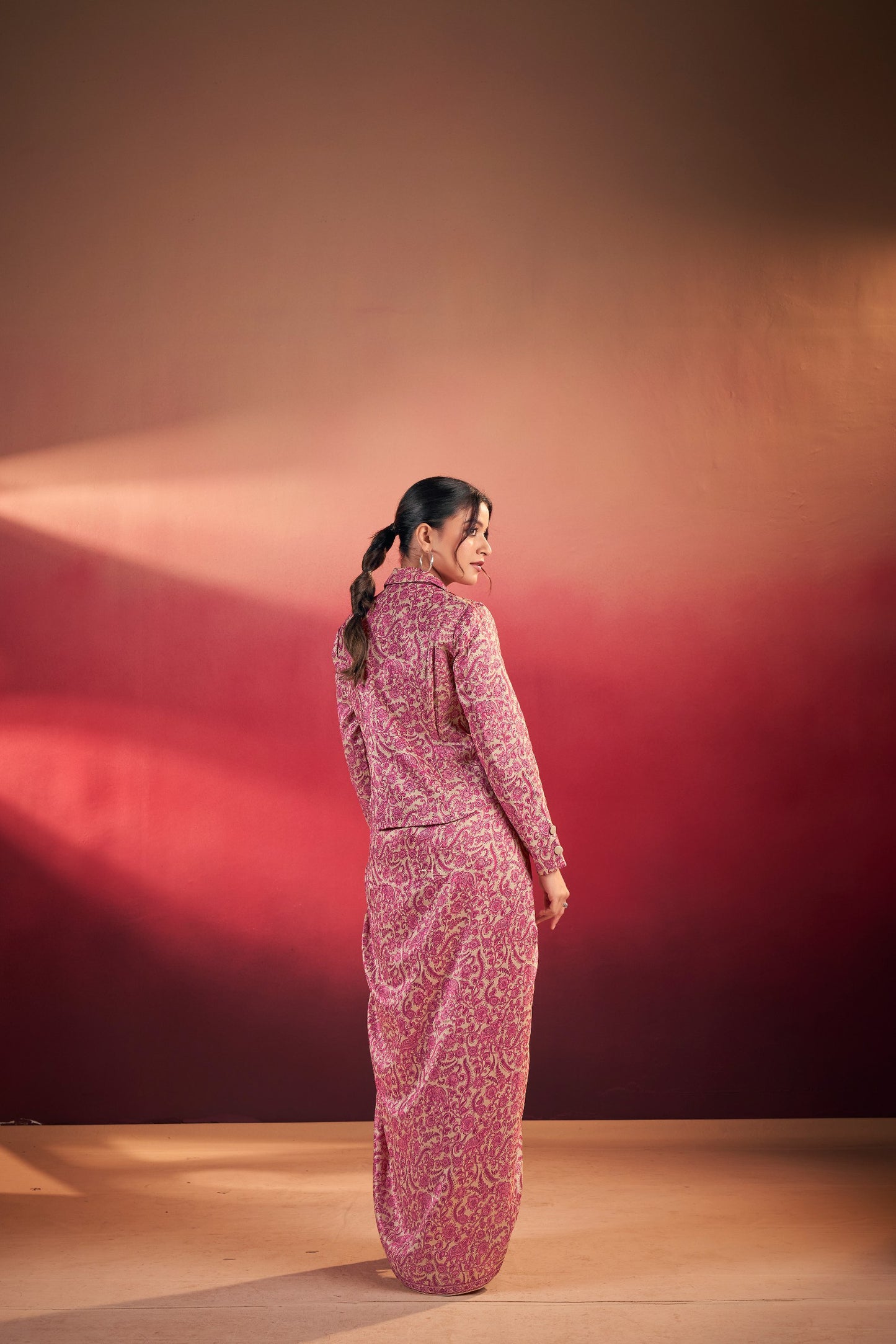 Elegant Tasar Silk Ensemble with Flowing Silhouettes and Artistic Prints for Festive Charm and Modern Style