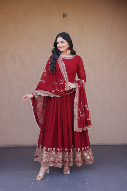 RangBhoomi Premium Maroon Embroidered Faux Blooming Ready‑Made Gown with Dupatta