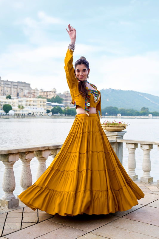 RangBhoomi Navratri Collection 2026: Elegant Rajudi Ethnic Lehenga with Mirror and Gamthi Embroidery