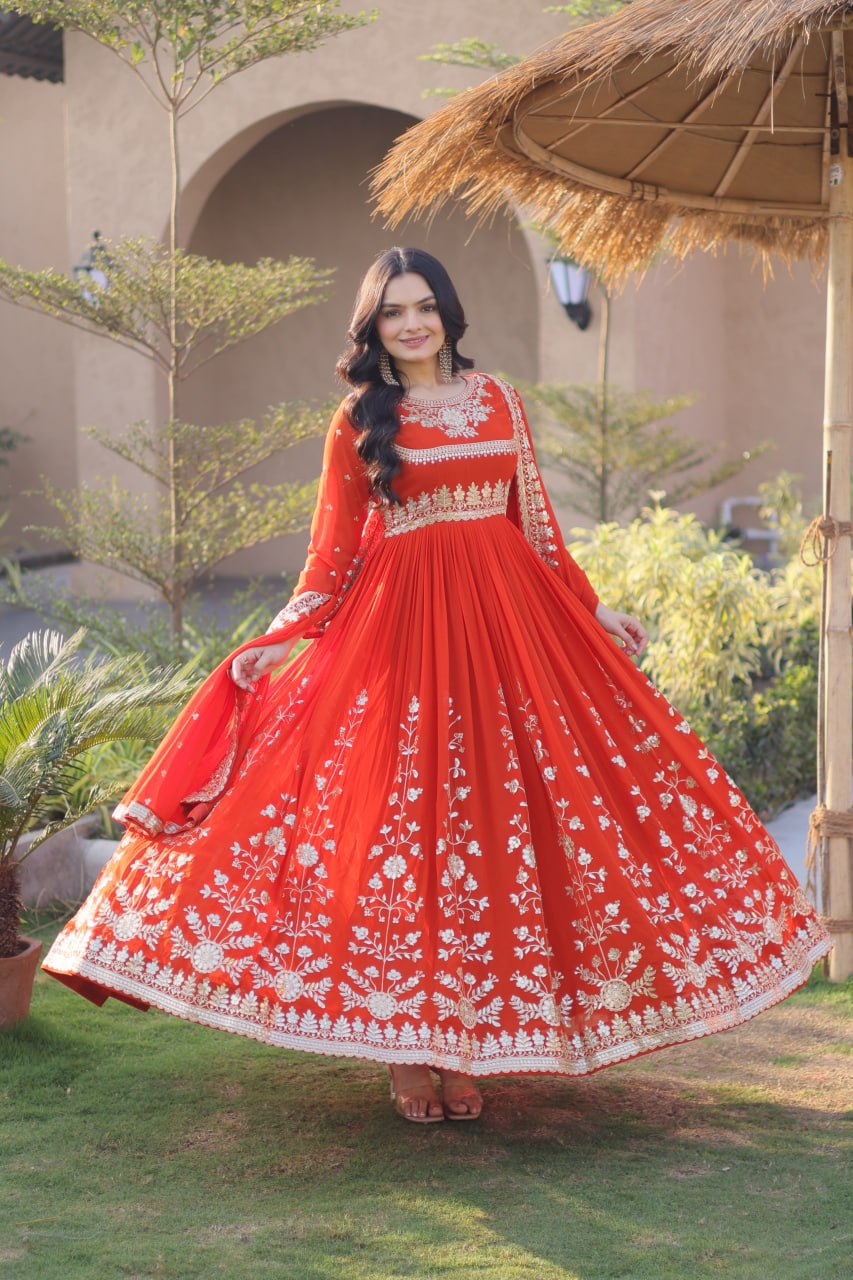 RangBhoomi Readymade Luxury Gown with Embroidered Dupatta - Faux Blooming Georgette