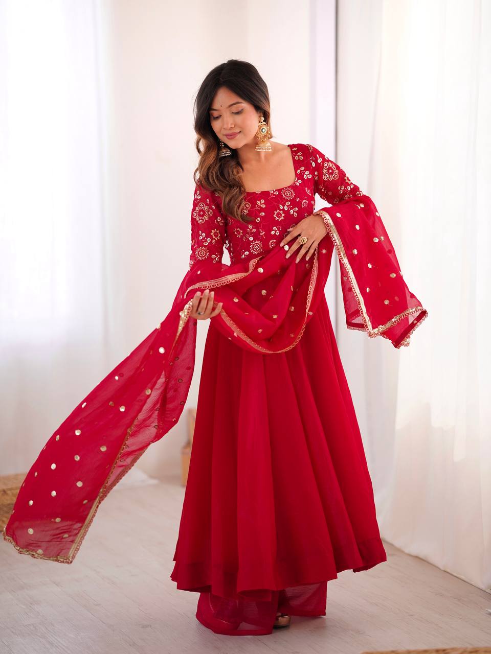 RangBhoomi Women's Elegant Ethnic Wear Set with Silk Gown, Pants, and Embroidered Dupatta