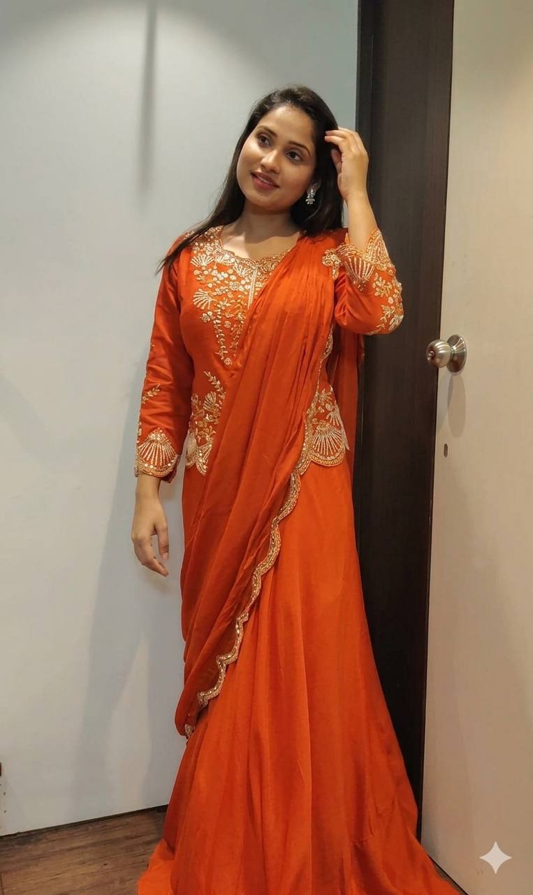 RangBhoomi Designer Lehenga Saree with Real Mirror & Embroidery Work - Long Blouse, Chinon Fabric