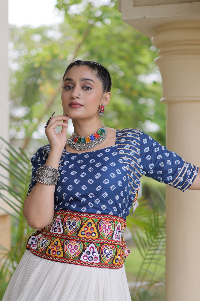 RangBhoomi Navratri Festive Lehenga Set - Cora Cotton & Bandhej Embroidered Blouse