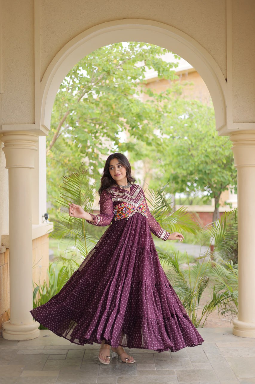RangBhoomi Bandhani & Kutchi Patchwork Faux Georgette Gown — Navratri Special