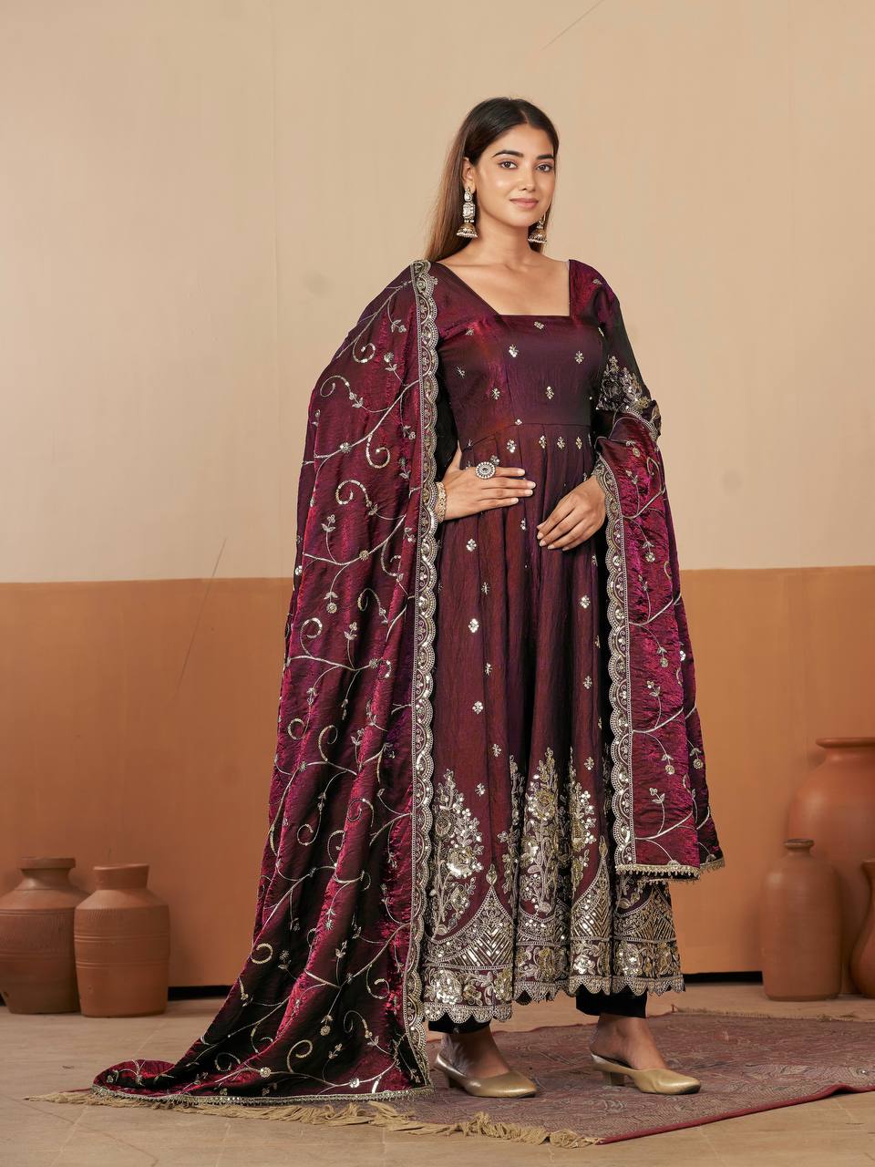RangBhoomi Designer Party Wear Gown Set — 10 Colors, Heavy Jelly Shimmer Silk, Fully Stitched Embroidered Gown with Dupatta & Micro-Cotton Pant