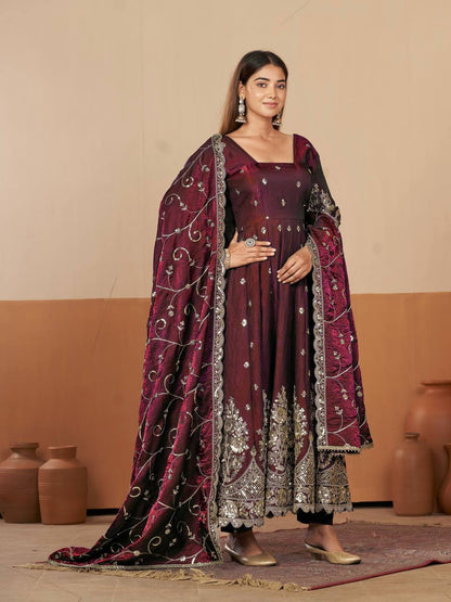 RangBhoomi Designer Party Wear Gown Set — 10 Colors, Heavy Jelly Shimmer Silk, Fully Stitched Embroidered Gown with Dupatta & Micro-Cotton Pant
