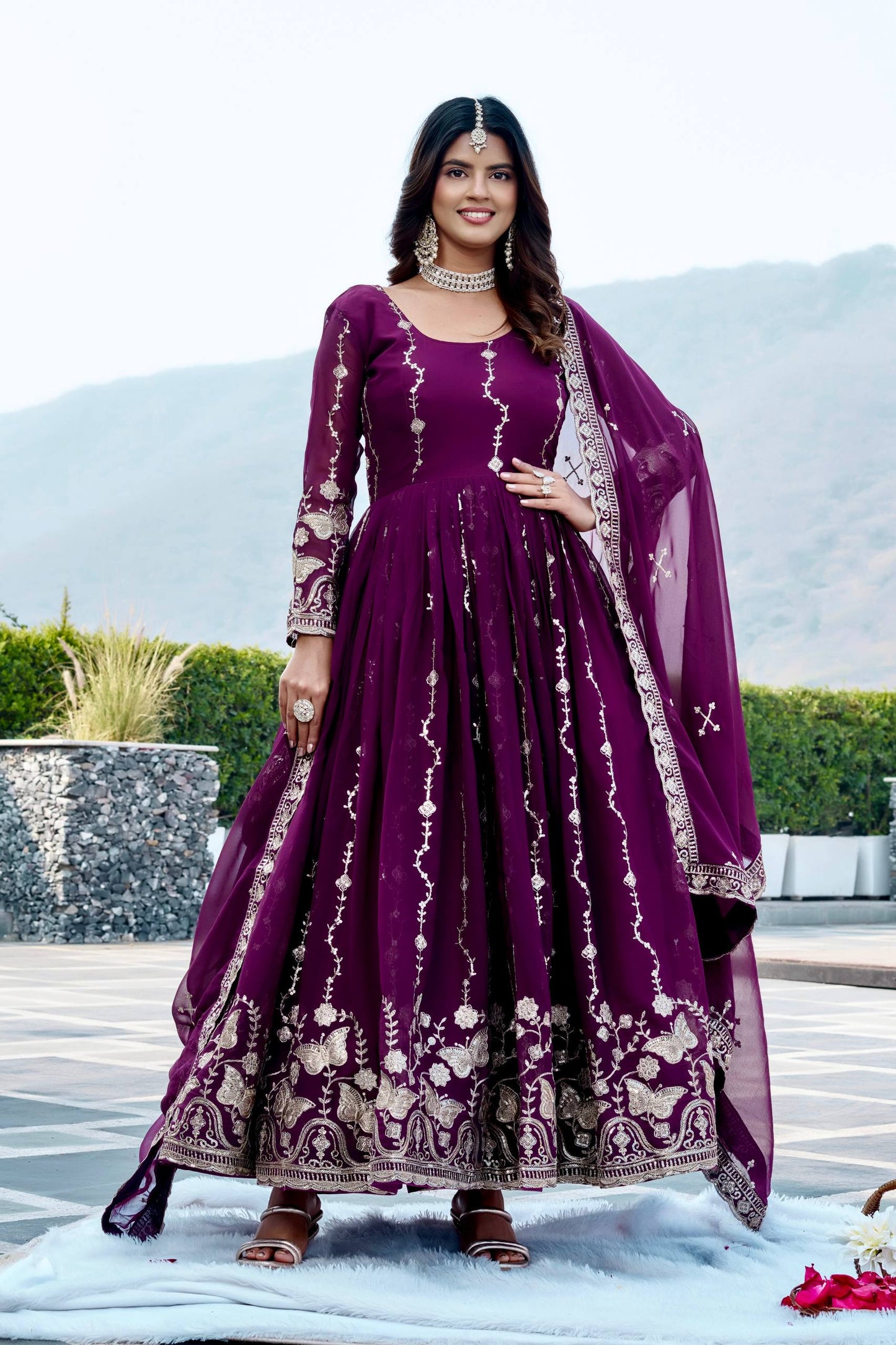 RangBhoomi Festival Long Gown with Matching Dupatta – Elegant Fox Georgette Ensemble with Heavy Sequin Embroidery