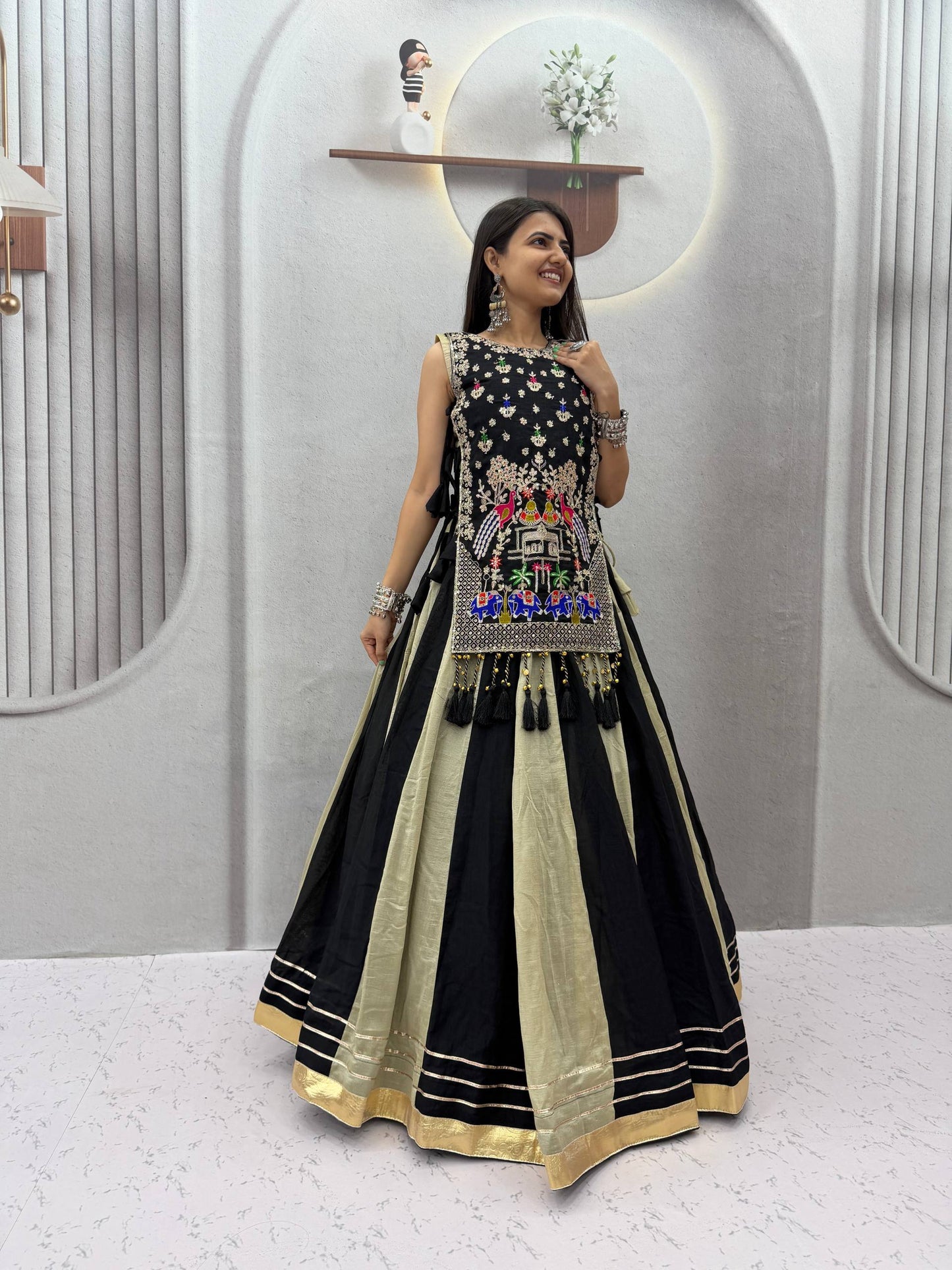 RangBhoomi Navratri Special Vichitra Silk Lengha Choli – Fully Stitched with Heavy Thread & Sequence Work