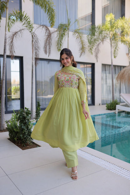 Elegant Premium Ready-to-Wear Gown Set with Pants and Dupatta - Beaded Mal Chanderi Embroidery