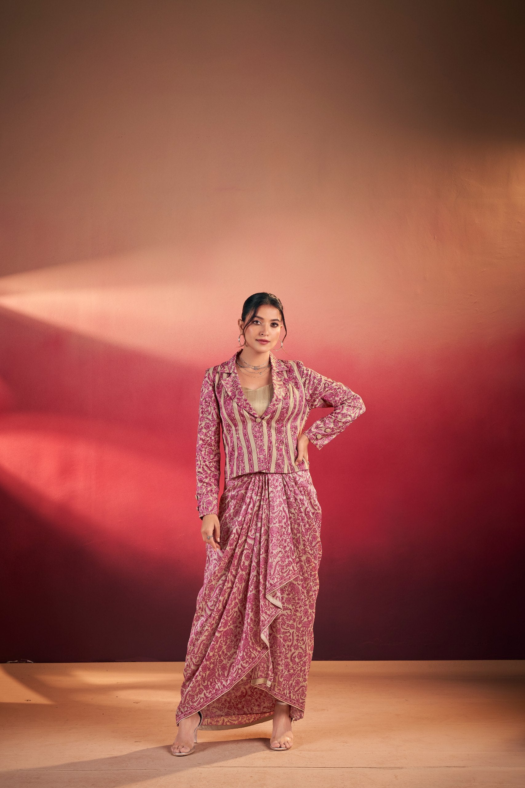 Elegant Tasar Silk Ensemble with Flowing Silhouettes and Artistic Prints for Festive Charm and Modern Style