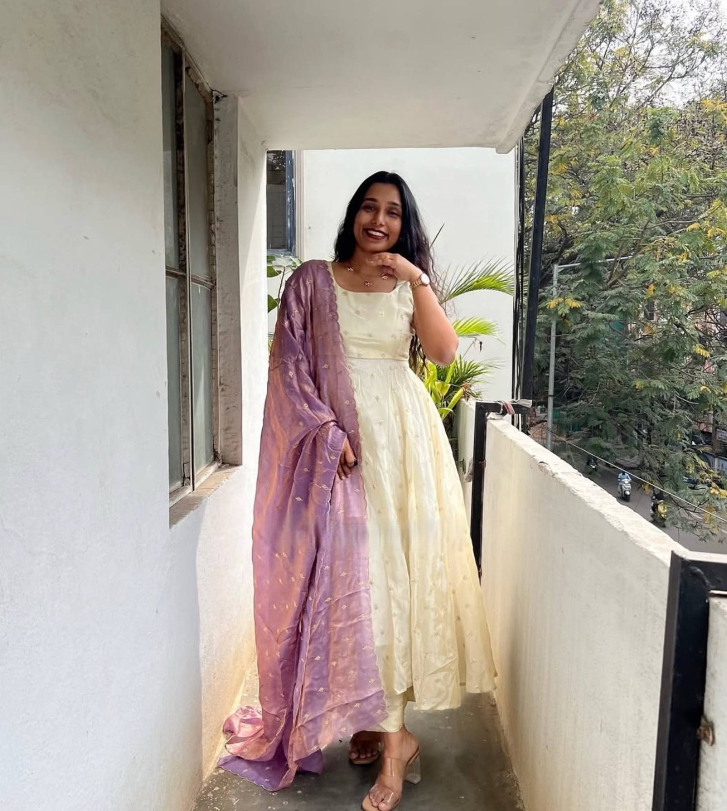 Embroidered Chonon Silk Gown with Sequins and Fendi Silk Dupatta, Fully Stitched, Sizes M to 2XL