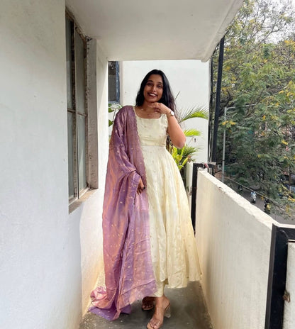 Embroidered Chonon Silk Gown with Sequins and Fendi Silk Dupatta, Fully Stitched, Sizes M to 2XL