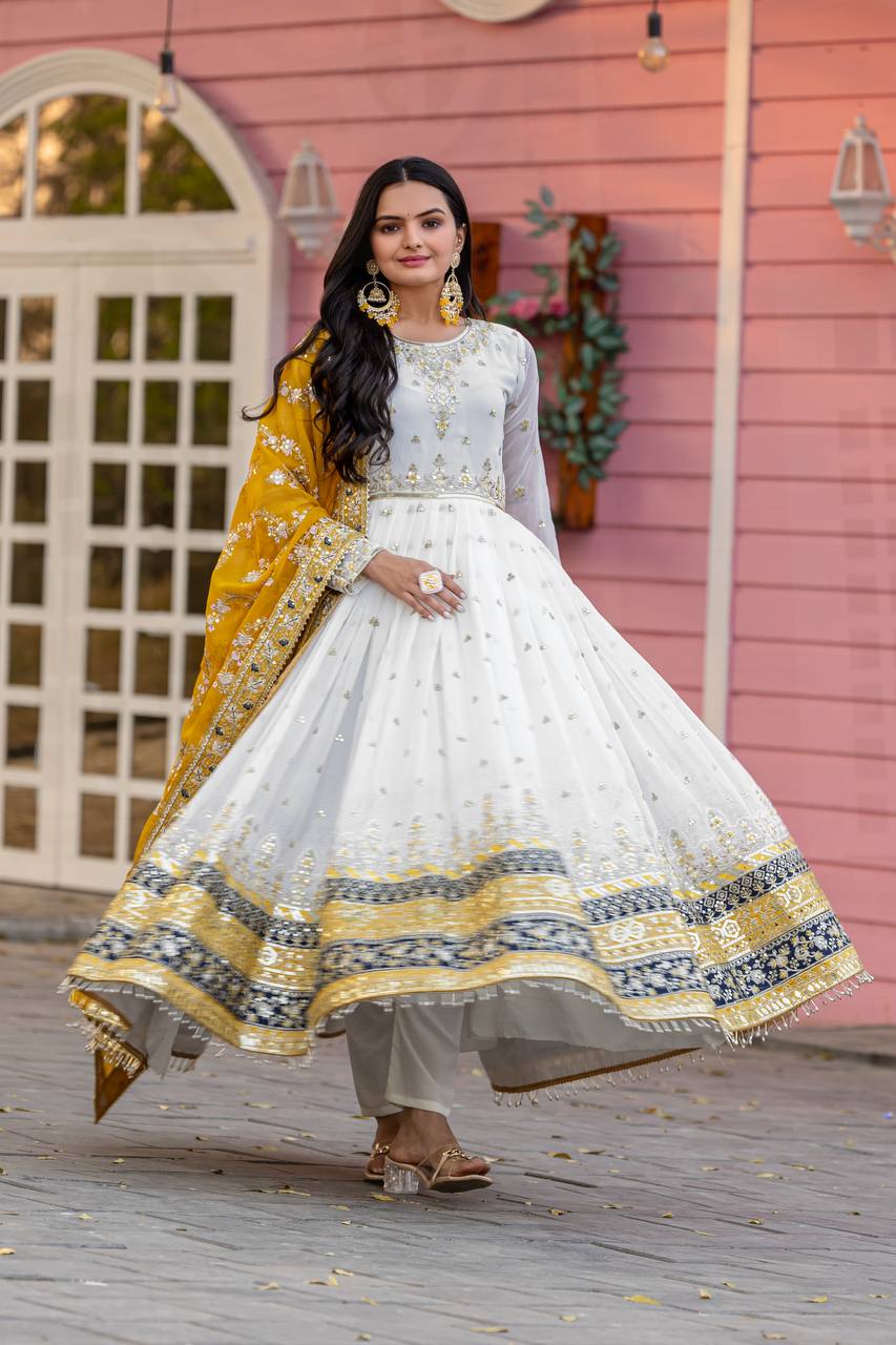 Elegant Party Wear Heavy Faux Georgette Gown with Embroidered Dupatta and Bottom Set