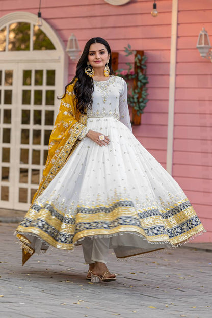 Elegant Party Wear Heavy Faux Georgette Gown with Embroidered Dupatta and Bottom Set