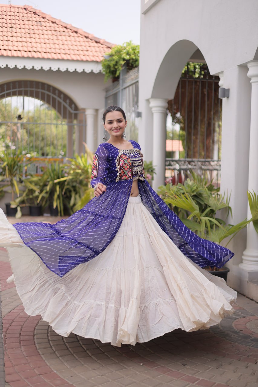 RangBhoomi Kora Cotton Lehenga & Faux Georgette Kurti Set - Full-Stitched, Frilled Lehenga, Laheriya Print Kurti