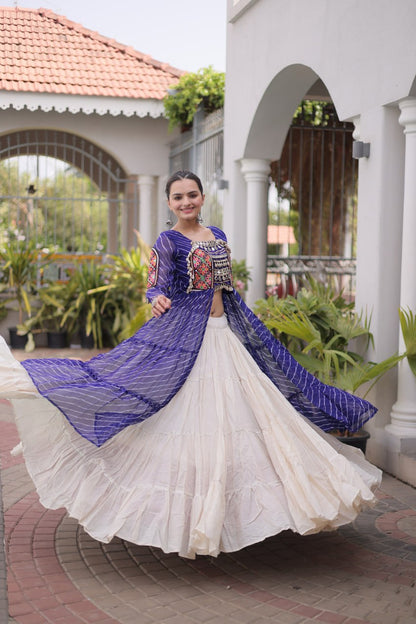 RangBhoomi Kora Cotton Lehenga & Faux Georgette Kurti Set - Full-Stitched, Frilled Lehenga, Laheriya Print Kurti