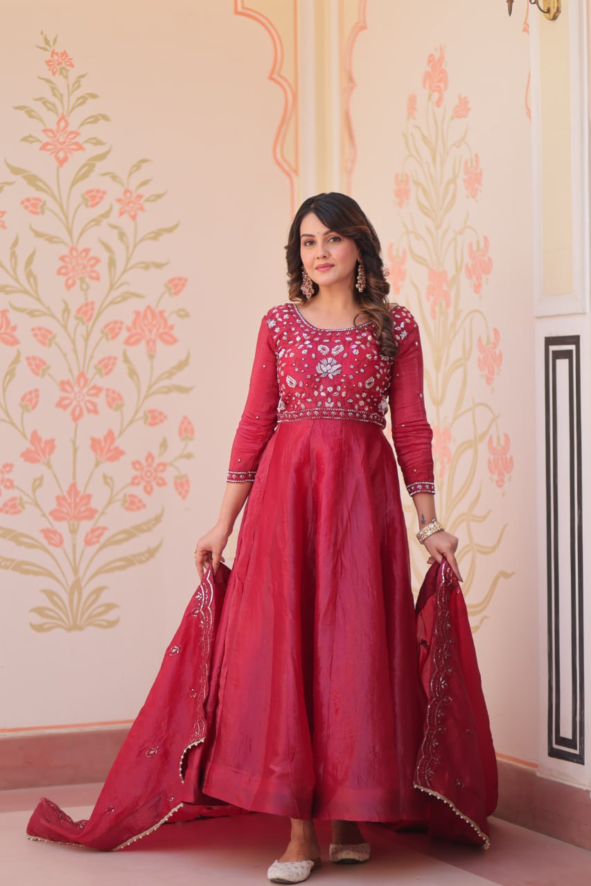 Elegant Gold Crush Embroidered Gown and Designer Dupatta Set