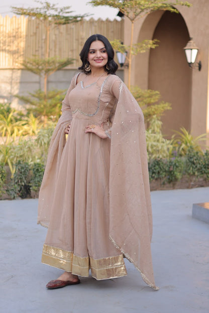RangBhoomi Silver Mirror Lace Gown with Dupatta - Elegant Occasion Wear