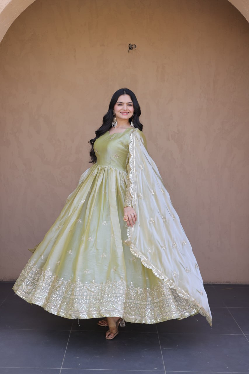 RangBhoomi Fendi Silk Sequined Gown with Dupatta – Elegant Full-Sleeve Designer Set