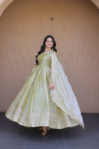 RangBhoomi Fendi Silk Sequined Gown with Dupatta – Elegant Full-Sleeve Designer Set