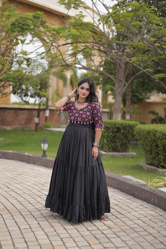 RangBhoomi Navratri Embroidered Kora Cotton Gown — 54" Length, Half Sleeve (Maroon / Black)